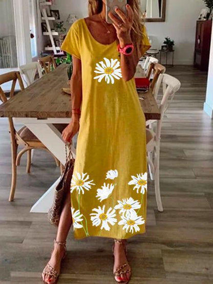 Dunnmall Women's Shift Dress Maxi long Dress - Short Sleeve Daisy Floral Clothing Print Summer Hot Casual vacation dresses Loose Black Blue Yellow Gray S M L XL XXL 3XL