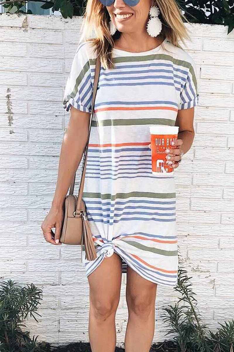 Dunnmall Printed O-neck Striped Midi Dress