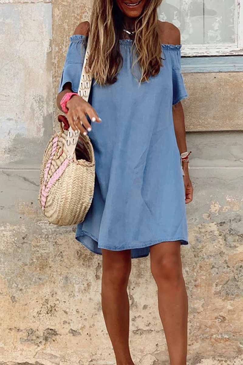 Dunnmall Summer One-Shoulder Lotus Leaf Sleeve Denim Mini Dress