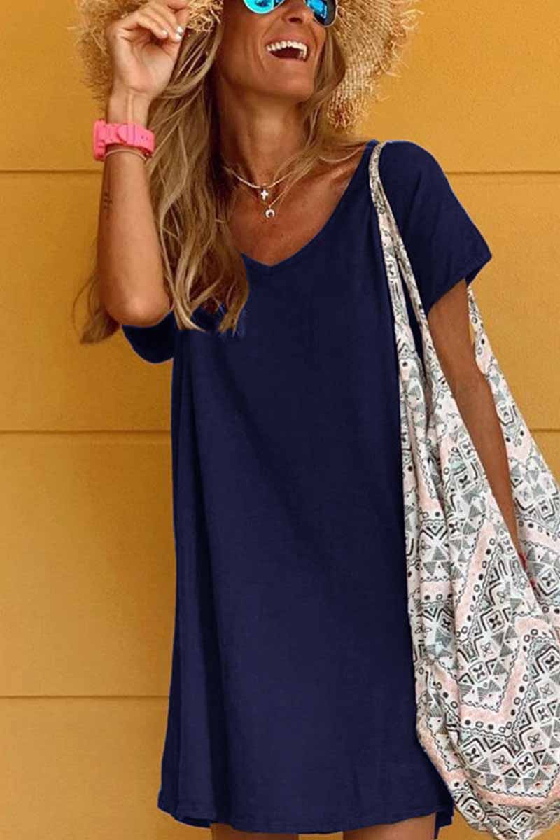 Dunnmall Loose Solid Color Short Sleeve V-Neck Mini Dress