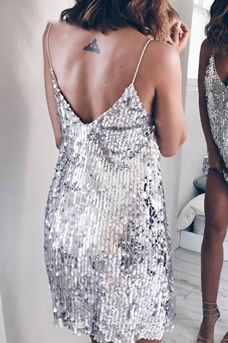 Dunnmall Sexy Sequined V-Neck Mini Dresses