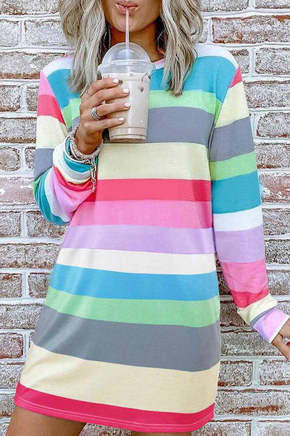 Dunnmall Rainbow Long Sleeve Stripes Mini Dresses