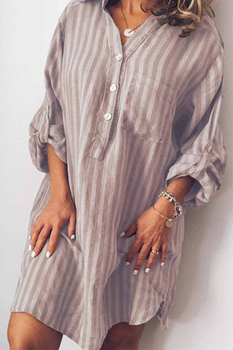 Dunnmall Printed Striped Long Shirt Mini Dress(6 Colors)