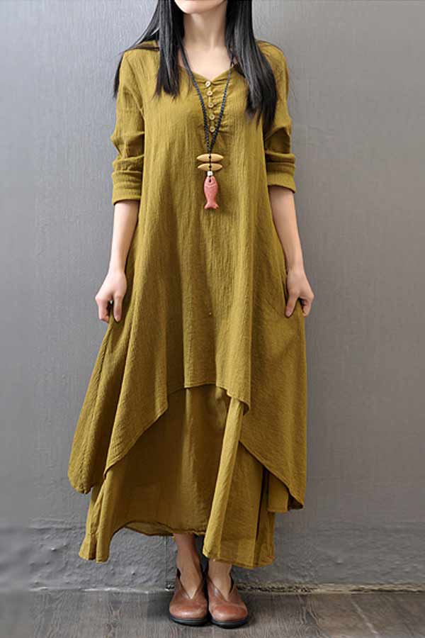 Dunnmall Vintage Women Casual Loose Dress Solid Long Sleeve Boho Ethnic Long Maxi Dresses