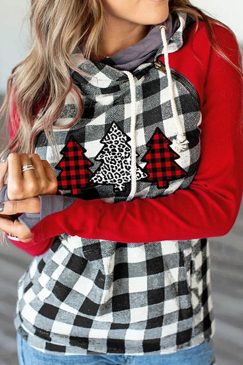 Dunnmall Christmas Plaid Patchwork Hooded Sweatshirt