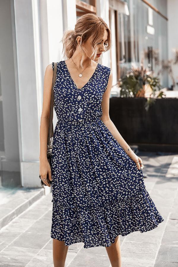 Dunnmall Fashion V-Neck Floral Sleeveless Dress