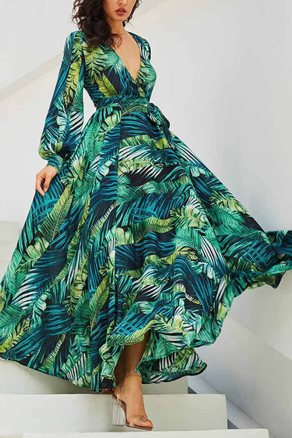 Dunnmall V-Neck Leaf Print Maxi Dress