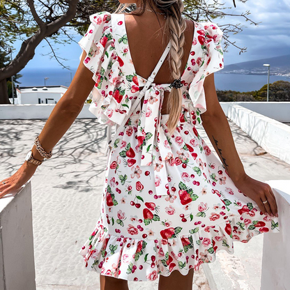 Dunnmall Floral Ruffle Tie Back Mini Dress