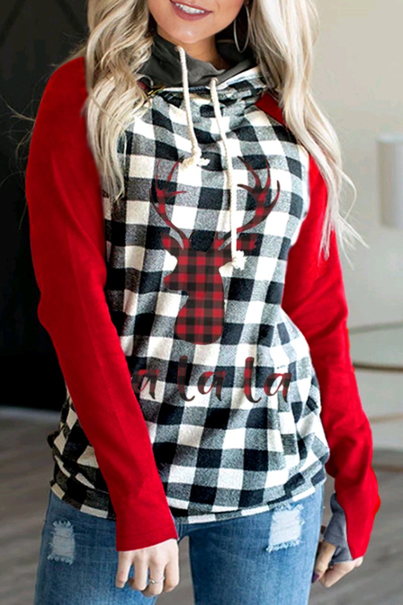 Dunnmall Christmas Plaid Patchwork Hooded Sweatshirt