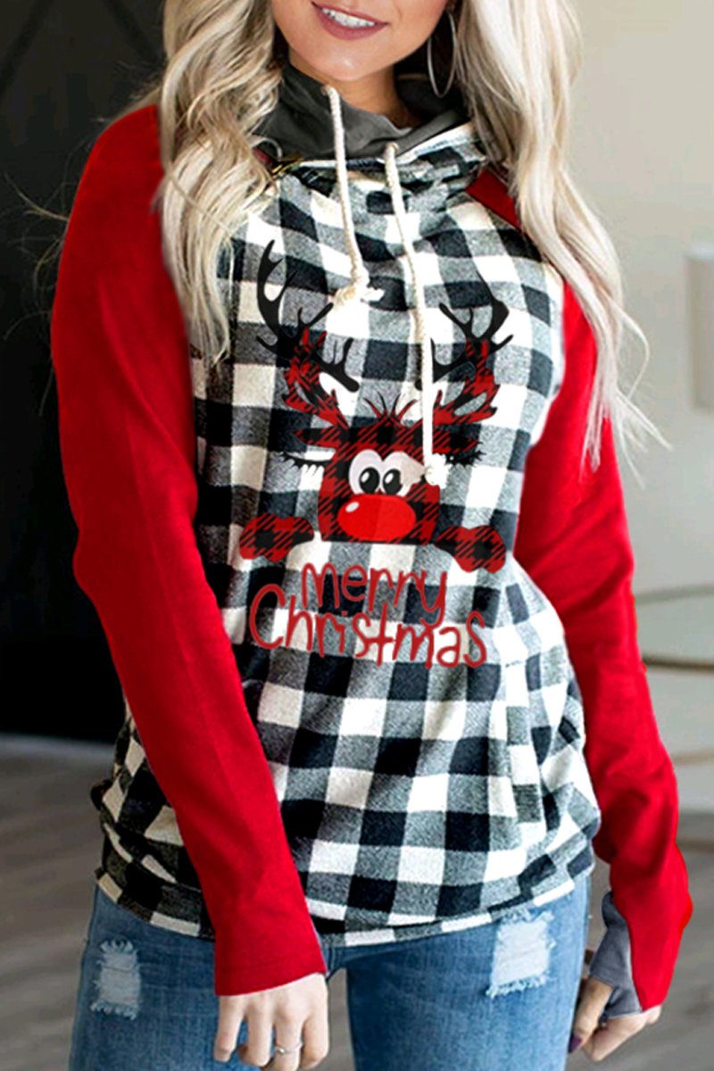 Dunnmall Christmas Plaid Patchwork Hooded Sweatshirt