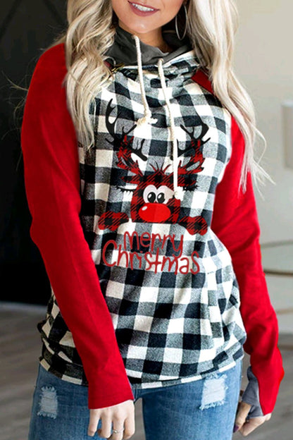 Dunnmall Christmas Plaid Patchwork Hooded Sweatshirt