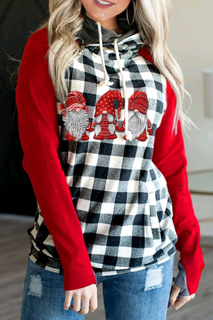 Dunnmall Christmas Plaid Patchwork Hooded Sweatshirt