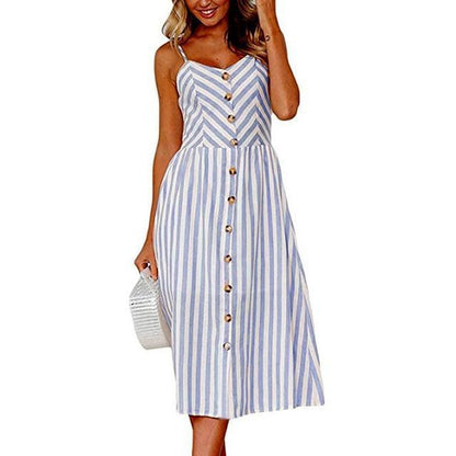 Dunnmall Casual Vintage Sundress Boho Sexy Midi Button Backless Striped Floral Beach Dress