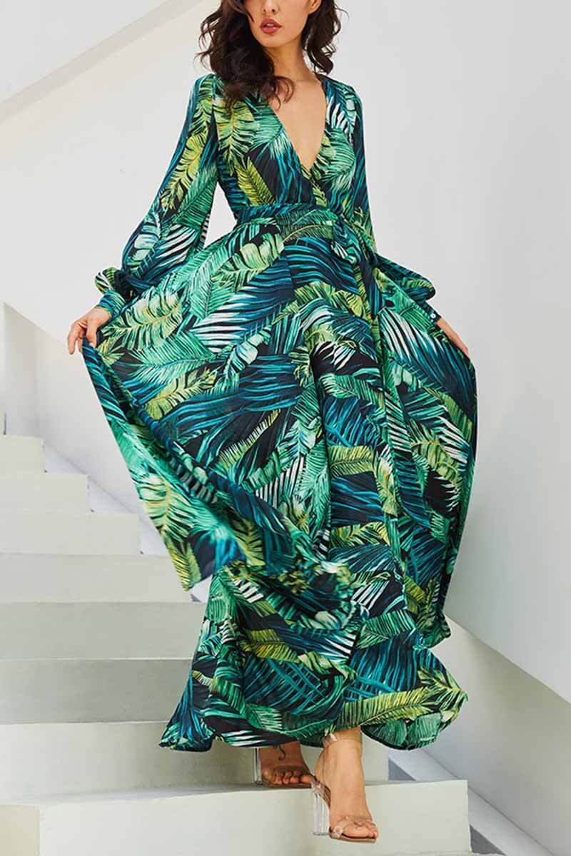 Dunnmall V-Neck Leaf Print Maxi Dress