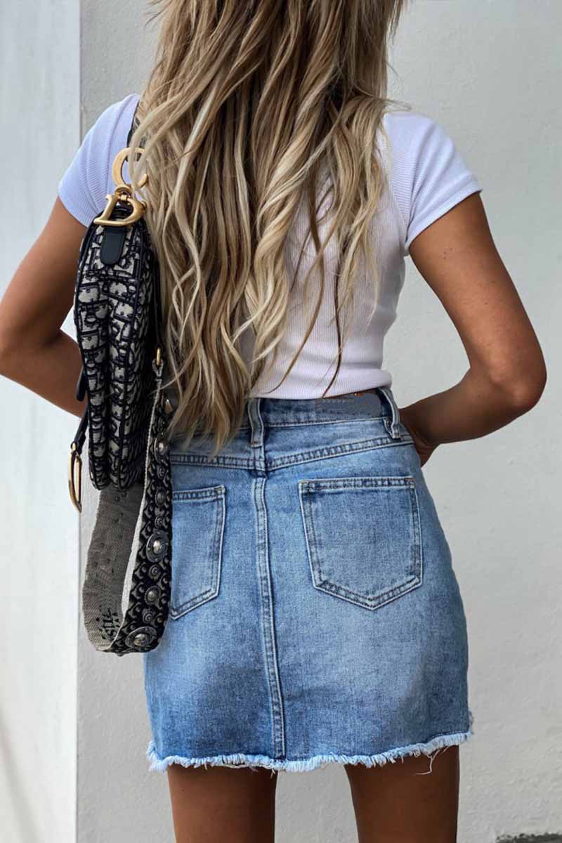 Dunnmall Irregular Denim Holes Mini Skirt