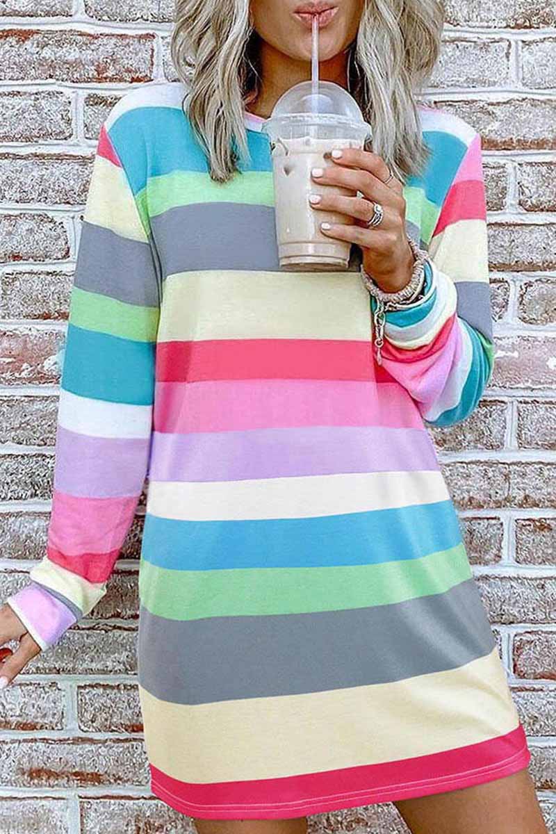 Dunnmall Rainbow Long Sleeve Stripes Mini Dresses