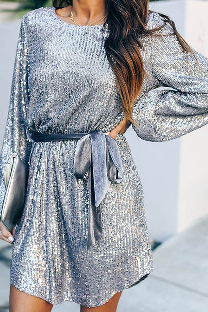 Dunnmall Let's Shinning Puff Sleeve Sequin Dress