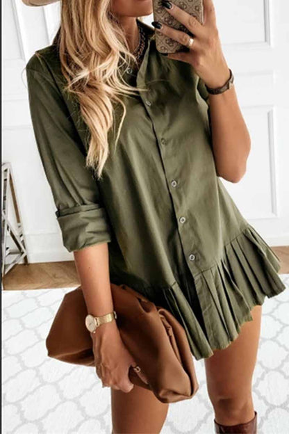 Dunnmall Casual Long Sleeve Pleated Solid Color Mini Dress