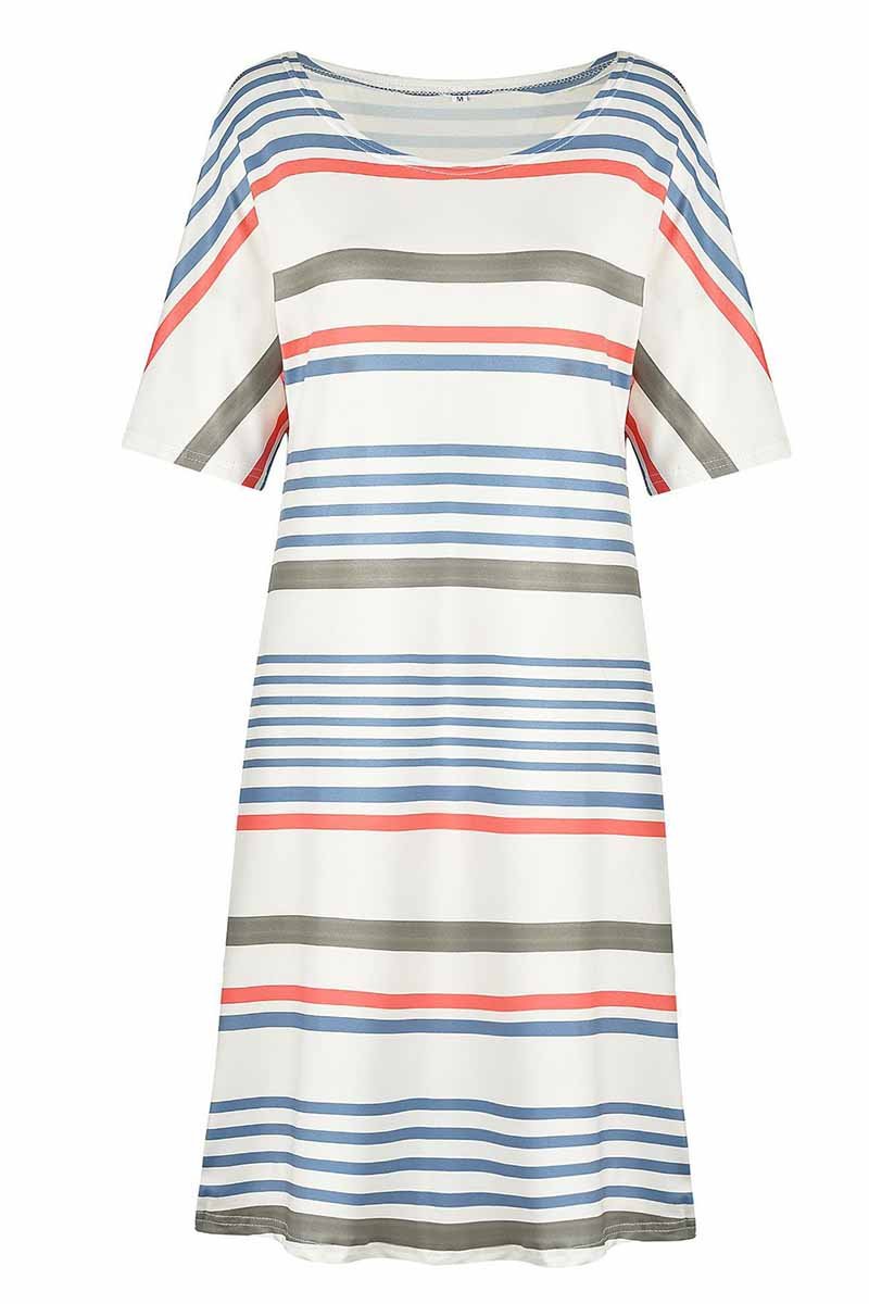 Dunnmall Printed O-neck Striped Midi Dress