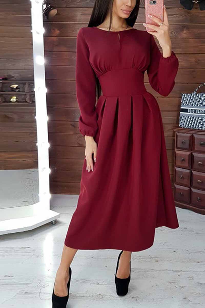 Dunnmall Elegant Solid Color Long Sleeves Midi Dresses