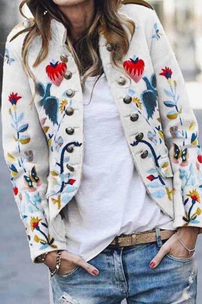 Dunnmall Floral Print Metal Button  Jacket