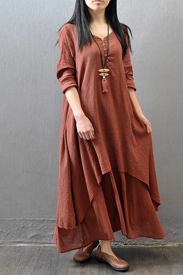 Dunnmall Vintage Women Casual Loose Dress Solid Long Sleeve Boho Ethnic Long Maxi Dresses