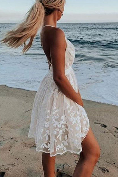 Dunnmall V-Neck Lace Embroidered White Dress