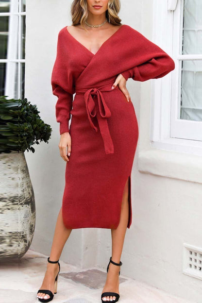 Dunnmall V Neck Backless Sweater Midi Dress(5 Colors)