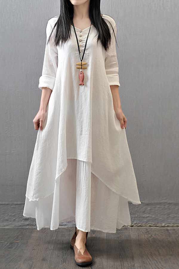 Dunnmall Vintage Women Casual Loose Dress Solid Long Sleeve Boho Ethnic Long Maxi Dresses