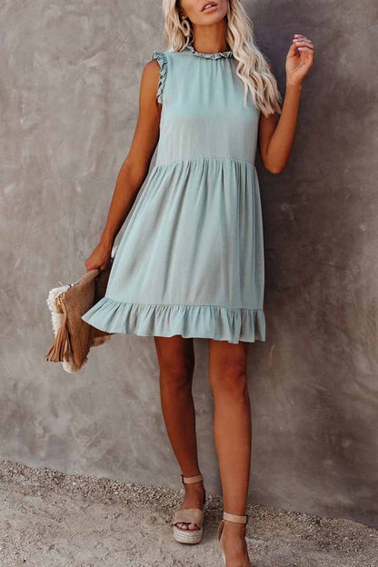 Dunnmall Solid Color Ruffled Waist Mini Dress