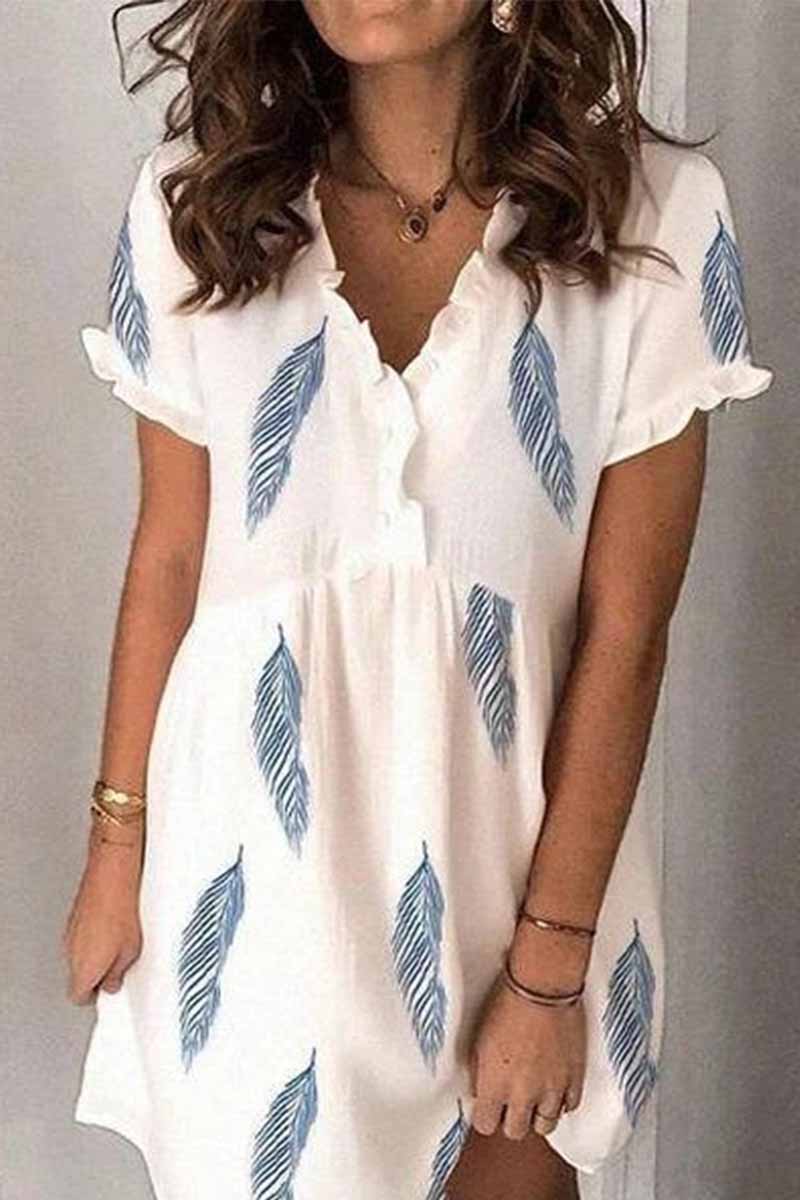 Dunnmall Fashion V-Neck Feather Print Mini Dress