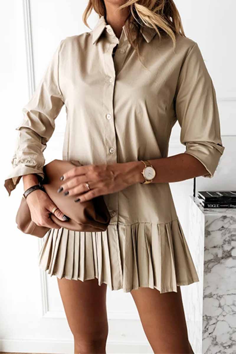 Dunnmall Casual Long Sleeve Pleated Solid Color Mini Dress