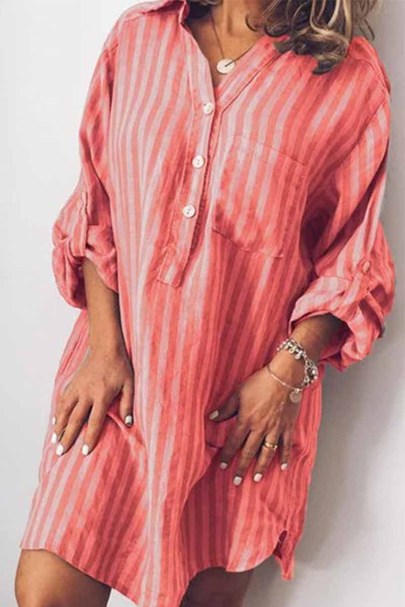 Dunnmall Printed Striped Long Shirt Mini Dress(6 Colors)