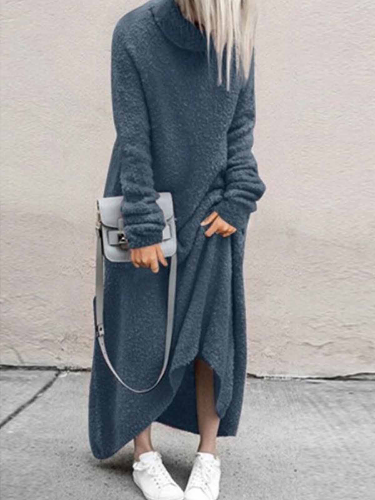 Dunnmall Plus Size Casual Turtleneck Long Sleeve Maxi Dresses