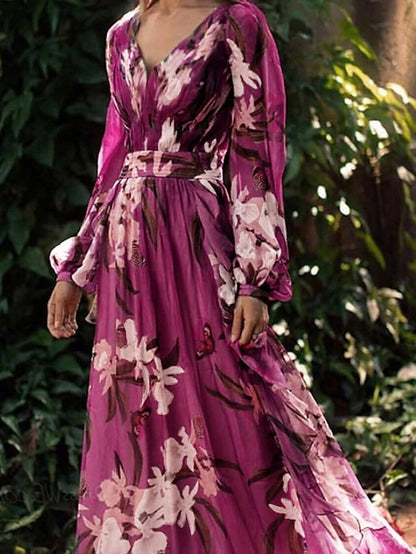 Dunnmall Women's Chiffon Dress Maxi long Dress Purple Long Sleeve Floral Color Block Summer V Neck Holiday Boho 2021 S M L XL XXL 3XL