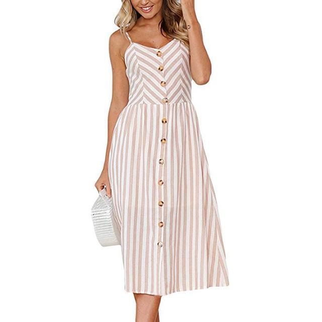 Dunnmall Casual Vintage Sundress Boho Sexy Midi Button Backless Striped Floral Beach Dress