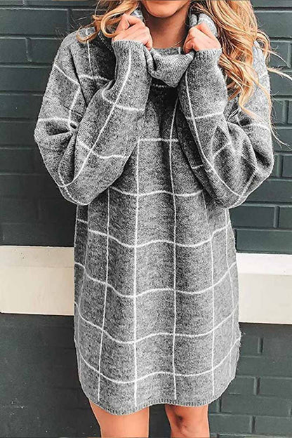 Dunnmall High Collar Plaid Loose Mini Dress