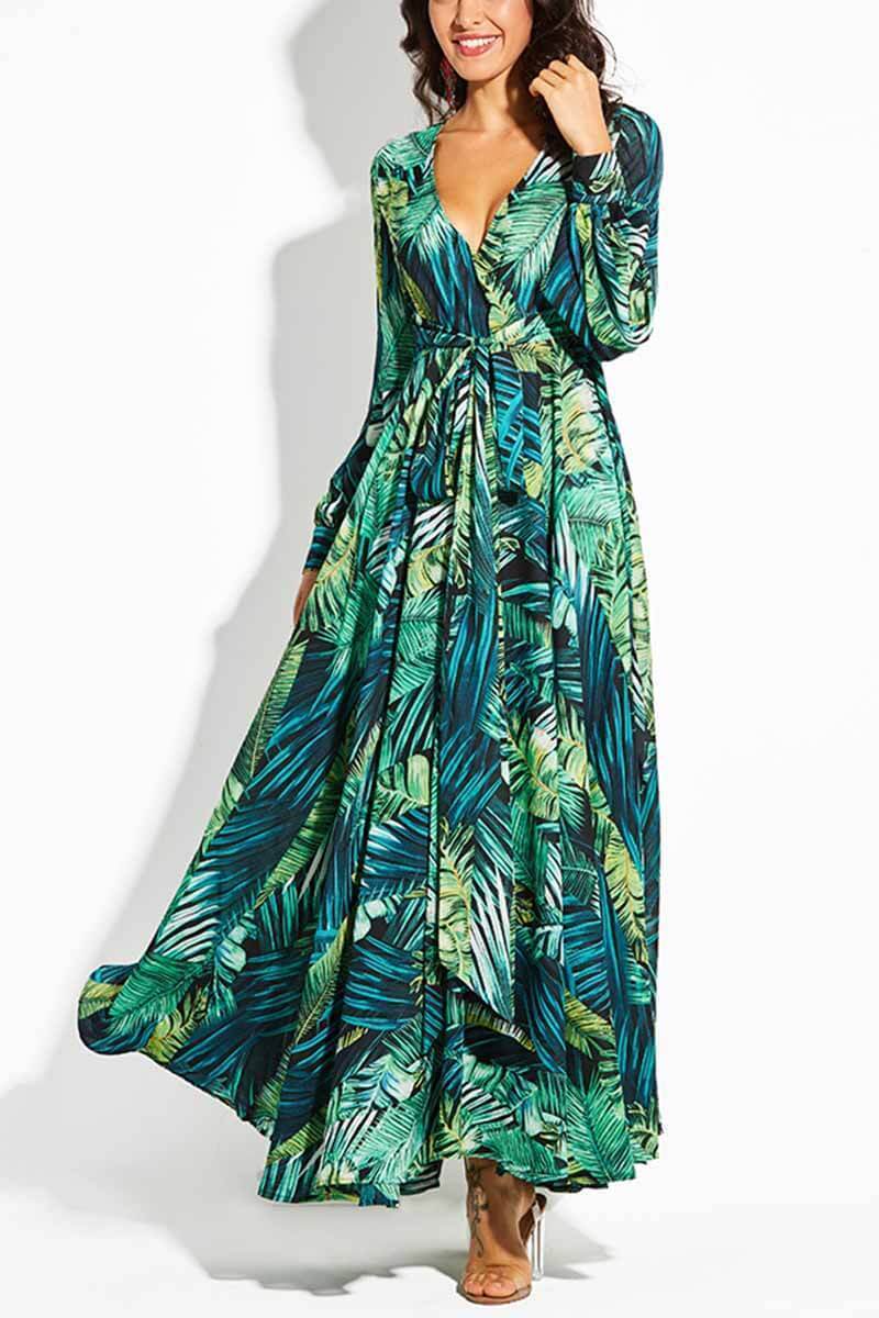 Dunnmall V-Neck Leaf Print Maxi Dress