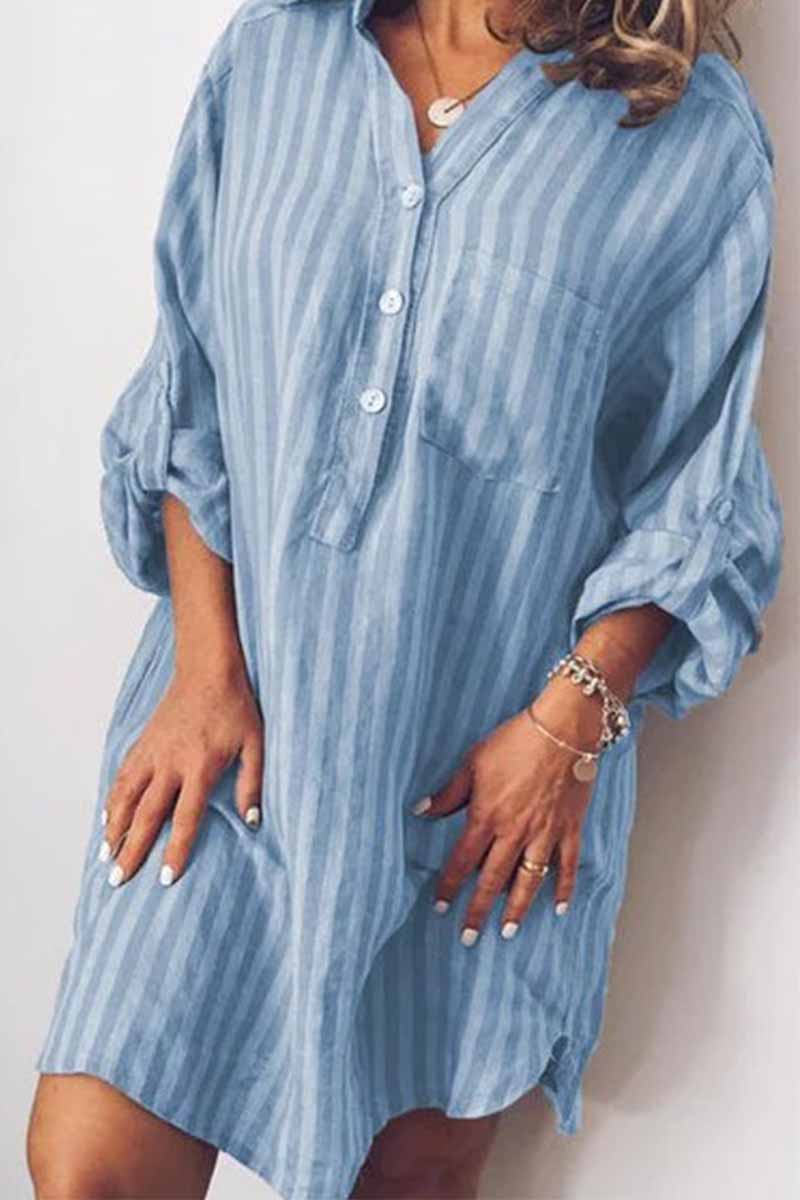 Dunnmall Printed Striped Long Shirt Mini Dress(6 Colors)