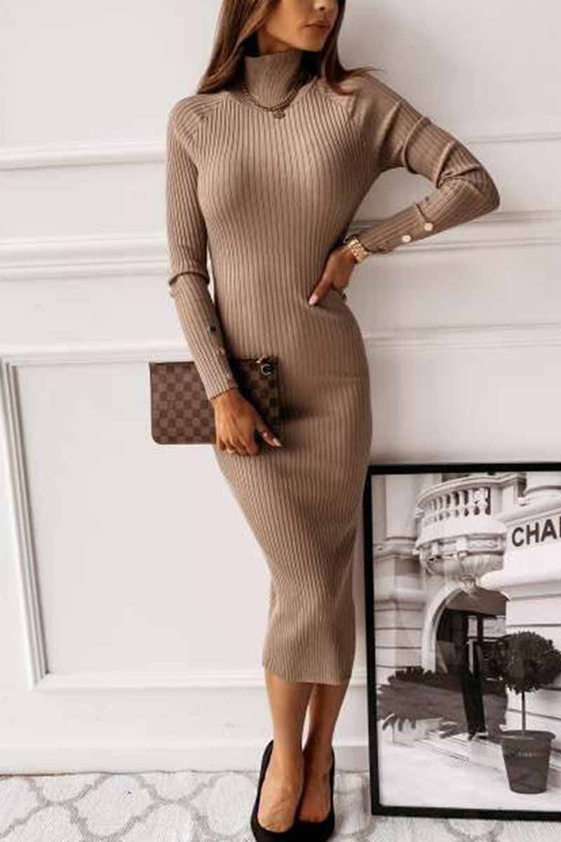 Dunnmall Open Back Long Sleeve Solid Color Midi Dresses