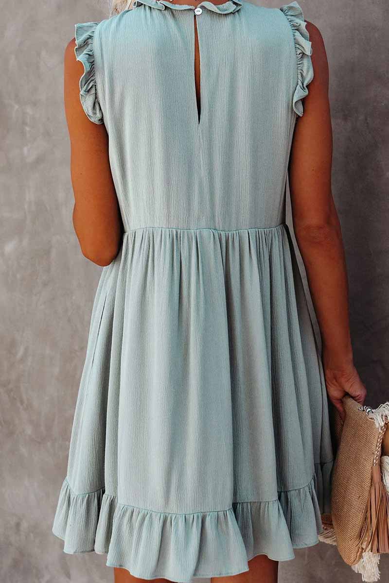 Dunnmall Solid Color Ruffled Waist Mini Dress