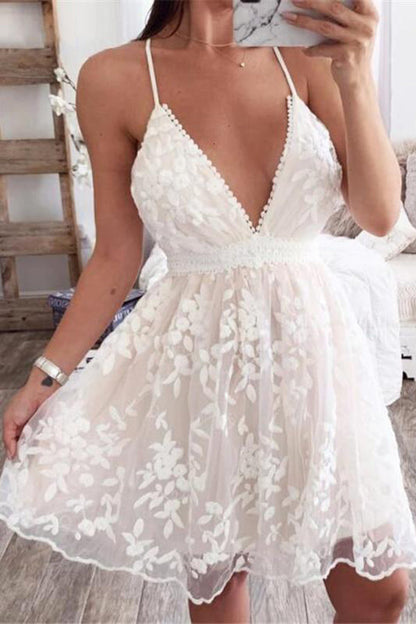 Dunnmall V-Neck Lace Embroidered White Dress