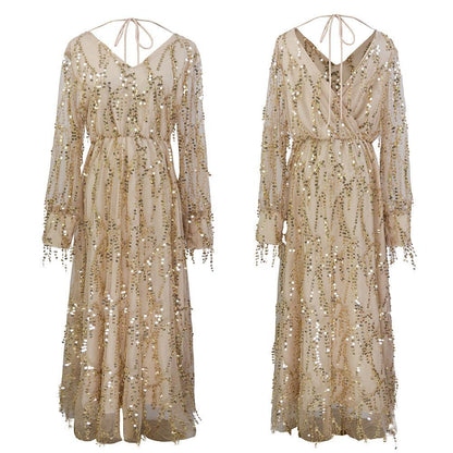 Dunnmall Fringed Sequin Reversible Midi Dress