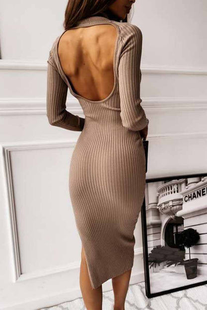 Dunnmall Open Back Long Sleeve Solid Color Midi Dresses