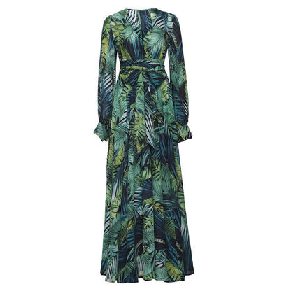 Dunnmall V-Neck Leaf Print Maxi Dress