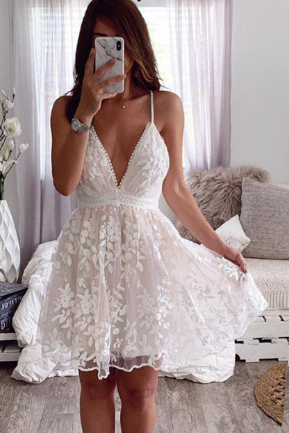 Dunnmall V-Neck Lace Embroidered White Dress