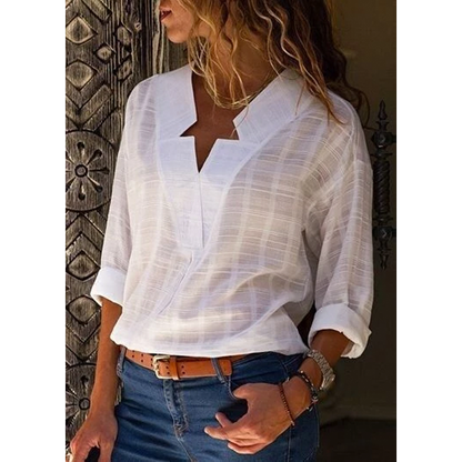 Dunnmall Large size Women's Blouse Long-sleeved Shirt Solid Color V-neck Casual Blouses