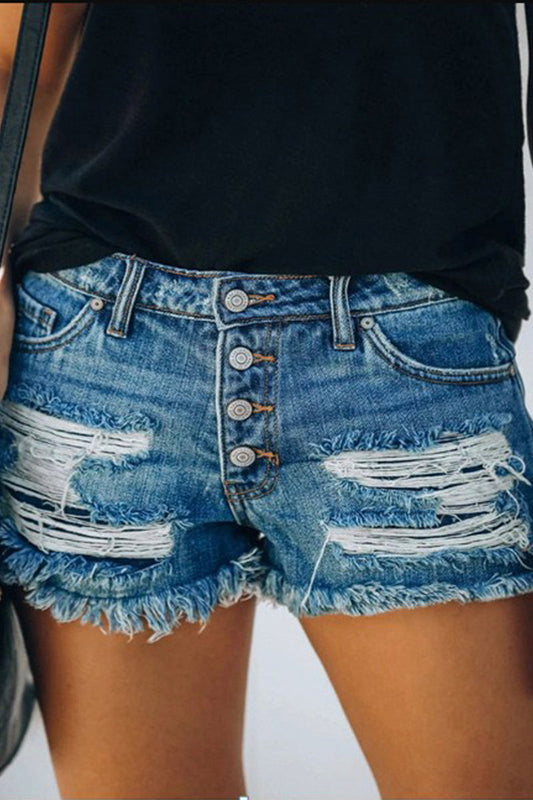 Dunnmall Hole Distressed Mid Wash Denim Shorts