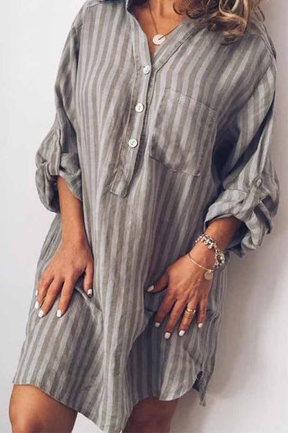 Dunnmall Printed Striped Long Shirt Mini Dress(6 Colors)