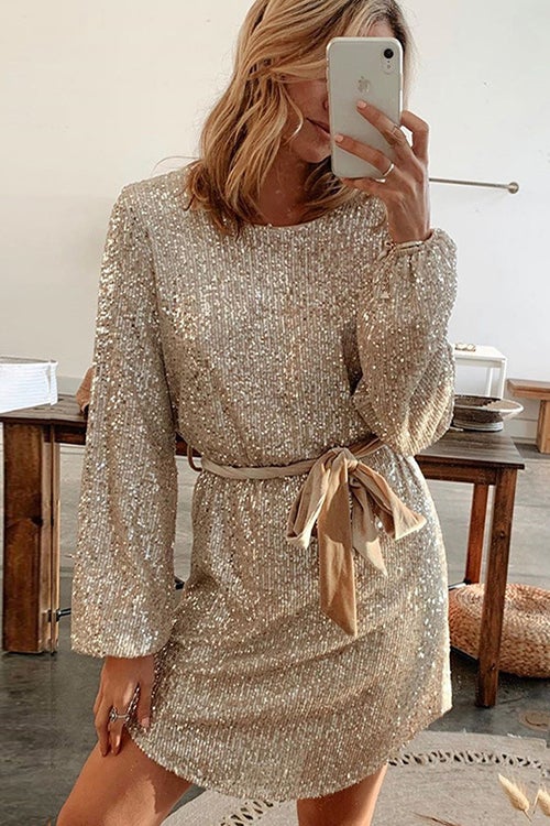 Dunnmall Let's Shinning Puff Sleeve Sequin Dress